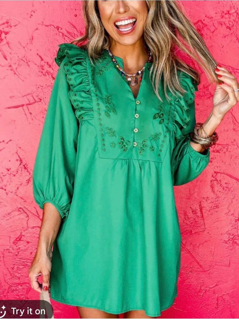 SHEIN Green Ruffled Embroidered Mini Dress